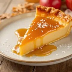 Tranche de tarte crémeuse nappée d'une sauce onctueuse pour rattraper le caramel brûlé. Saupoudrée de sel fin.