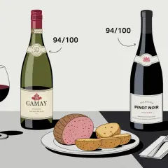 Quel vin avec du boudin blanc ? Un Gamay 94/100 ou un Pinot Noir 94/100, accompagnés de pommes de terre.