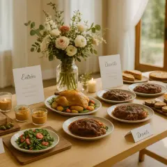 Table dressée avec un menu de mariage d'été : poulet rôti, salades, tartes et entrées.