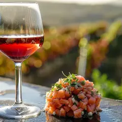 Un verre de vin rouge près d'un tartare de saumon, avec des vignes en arrière-plan. Quel vin rouge avec du saumon ? Une belle association.