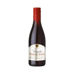 Bouteille de vin rouge Chapelas, un millésime Côtes du Rhône, avec une étiquette blanche et un bouchon rouge.