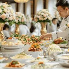 Un chef prépare un buffet somptueux pour un mariage de 80 personnes. Le budget traiteur mariage 80 personnes est respecté avec ces mets délicats.
