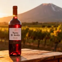 Bouteille de Nero D'Avola sur une table en bois, avec des vignobles et un volcan en arrière-plan, évoquant les riches terre siciliane.