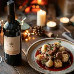 Un verre de vin rouge et une assiette de vin avec ris de veau, décorés de bougies et d'une cheminée en arrière-plan.
