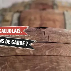 Des tonneaux de vin en bois, avec le texte "Les Beaujolais, des vins de garde ?". Combien de temps se garde un Beaujolais Village ?