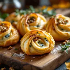 Petits fours salés en pâte feuilletée, garnis de fromage bleu et de noix, disposés sur une planche en bois.
