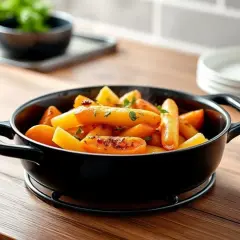 Carottes rôties dans un plat noir, parfait pour savoir si peut on mettre une assiette au four. Délicieux et appétissant.