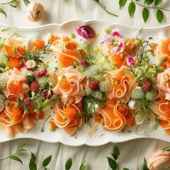 Plateau d'idée entrée froide mariage : fines tranches de poisson roulées, parsemées de perles d'orange et de fleurs comestibles, décoré de verdure.