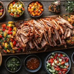 Un festin de porc effiloché, servi avec des salades colorées, des sauces et des accompagnements. Parfait pour un repas convivial.