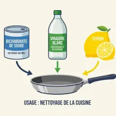Utilisez bicarbonate de soude, vinaigre blanc et citron pour dégraisser une poêle. Nettoyage de cuisine facile et naturel.