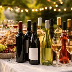 Une belle table dressée pour une fête en plein air, avec de nombreuses bouteilles de vin et des verres. Combien de bouteilles de vin pour 30 personnes ?