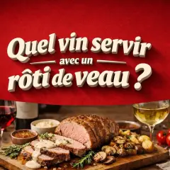 Un délicieux rôti de veau, accompagné de pommes de terre et de champignons, prêt à être dégusté avec un verre de vin.