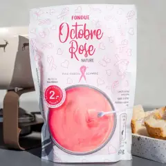 Un sachet de fondue au rosé "Octobre Rose" aux motifs de rubans roses, prêt à être dégusté avec du pain.