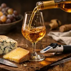 Vin doré versé dans un verre, accompagné de fromages et de raisins. Un réfractomètre suggère la mesure des coteaux du Layon sec ou moelleux.