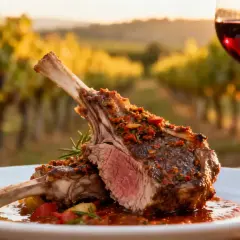 Un plat de navarin d'agneau savoureux, accompagné d'un verre de vin rouge, dans un décor de vignoble au coucher du soleil.
