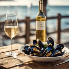 Un verre de vin d'Alsace pétillant et une assiette de moules fraîches sur une table en bois, avec la mer en arrière-plan. Parfait pour savoir quel vin d'Alsace avec des moules.