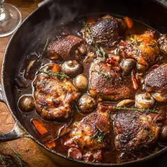 Un plat de coq au vin mijotant dans une cocotte en fonte, avec des morceaux de poulet, des champignons et des carottes. Le vin rouge à côté suggère quel vin pour un coq au vin.