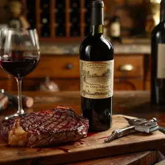 Un succulent roti de boeuf grillé, prêt à être dégusté avec un verre de vin rouge.