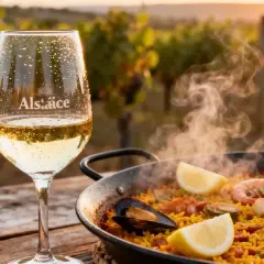 Verre de vin blanc frais et paella fumante aux fruits de mer, avec des vignes en arrière-plan au coucher du soleil.