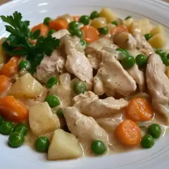 Délicieux accompagnement blanquette de poulet avec des morceaux de poulet, des carottes, des pommes de terre et des petits pois dans une sauce crémeuse.