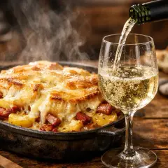 Un verre de vin blanc pétillant est versé à côté d'une tartiflette fumante. La question "quoi boire avec une tartiflette" trouve ici une réponse parfaite.