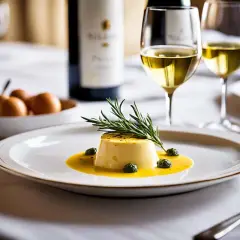 Un délicieux flan jaune, garni de romarin et de petites olives, baigne dans une sauce onctueuse. Un verre de vin blanc et une bouteille complètent cette scène gourmande, évoquant un savoureux vin avec aioli.