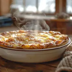 Un plat gratiné et fumant sort du four. Idéal pour savoir à quelle température faire réchauffer un plat au four.