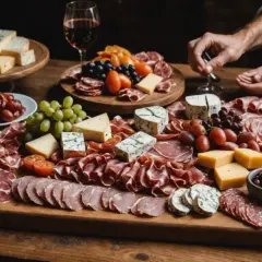 Plateau de charcuterie et fromages variés, avec raisins et tomates cerises. Parfait pour savoir quel vin avec charcuterie.