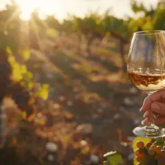 Verre de vin blanc dans un vignoble au coucher du soleil. La crianza vin, fruit de la terre, brille dans la lumière dorée.