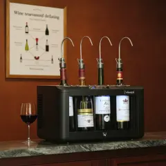 Système de conservation de vin avec 4 bouteilles, dont un bourgogne rouge. Idéal pour le temps de garde.