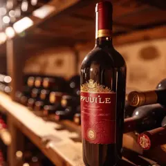 Une bouteille de vin rouge d'un millésime Pauillac, posée sur une étagère dans une cave à vin.