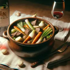 Un pot au feu de bœuf mijote, prêt à être dégusté avec un verre de vin rouge. Carottes, poireaux et oignons se mêlent à la viande dans ce plat réconfortant.