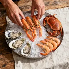Préparer un plateau de fruits de mer : langoustines, crevettes, huîtres et un crabe sur un lit de glace.