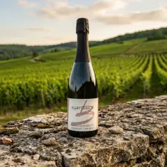 Bouteille de Bugey Cerdon blanc posée sur un muret de pierre, avec des vignes à perte de vue en arrière-plan.