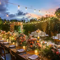Magnifique table dressée pour un vin d'honneur en extérieur, illuminée par des guirlandes lumineuses et des bougies. Des fleurs abondantes décorent la table.