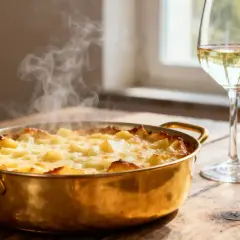 Un plat de croziflette fumant et un verre de vin blanc. Le mariage parfait pour savoir quel vin avec croziflette.