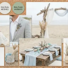 Inspiration mariage hippie sur la plage : robe bohème, costume gris, arche de bois flotté, table dressée, macramé et herbes de pampa.