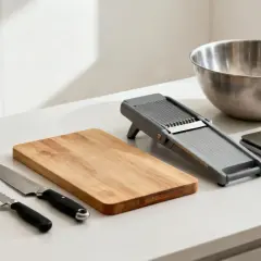 Liste d'ustensiles de cuisine : couteaux, planche à découper, mandoline, balance, bol et verre mesureur.