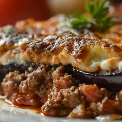 Une généreuse portion de moussaka, plat grec savoureux, avec des couches d'aubergine, de viande hachée et de béchamel gratinée.