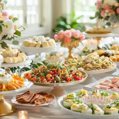 Buffet de mariage élégant avec salades colorées, petits fours, fruits et pâtisseries. Une recette mariage parfaite pour célébrer.
