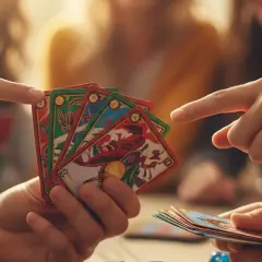 Des mains échangent des cartes colorées, illustrant une **activité EVG** ludique et conviviale.