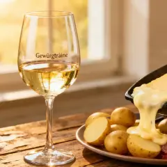 Verre de Gewurztraminer à côté d'une raclette fondante, pommes de terre et charcuterie. Une scène parfaite pour la conservation du Gewurztraminer.