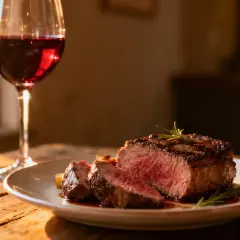 Un délicieux filet mignon, parfaitement cuit, accompagné d'un verre de vin rouge. Un repas d'exception.
