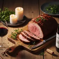 Un rôti de porc juteux, tranché sur une planche en bois, avec un verre de vin rouge et une bouteille de Loire Valley. La question "quel vin avec rôti de porc" trouve ici une réponse visuelle.