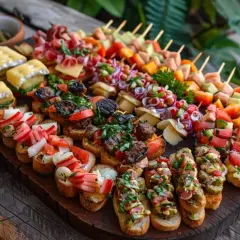 Plateau d'apéro dinatoire pour 15 personnes : brochettes colorées, bruschettas garnies, fromages et charcuteries. Un festin visuel !