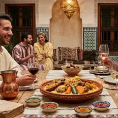 Un groupe d'amis partage un repas festif. Un grand plat de couscous est au centre de la table, accompagné de vin. L'ambiance est joyeuse et conviviale.
