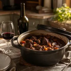 Un plat de bœuf bourguignon mijoté, prêt à être dégusté avec un verre de vin rouge. Quel vin avec un boeuf bourguignon ? Un Pinot Noir, bien sûr !