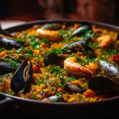 Un plat de paella aux fruits de mer, garni de moules et de crevettes, prêt à être dégusté avec un verre de vin rouge.