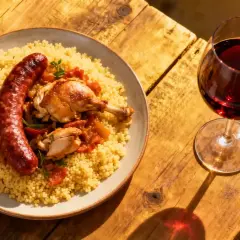 Un verre de vin rouge accompagne un plat de couscous avec poulet et merguez. Parfait pour un repas ensoleillé.