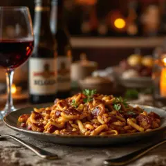 Un plat de pâtes savoureux, garni de persil, avec un verre de vin rouge. Idéal pour accompagner votre carbonade flamande.
